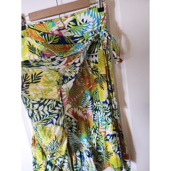 NICOLE MILLER Yellow Red Green Tropical Floral Vacation Faux Wrap Midi Skirt SZS - Picture 3 of 10